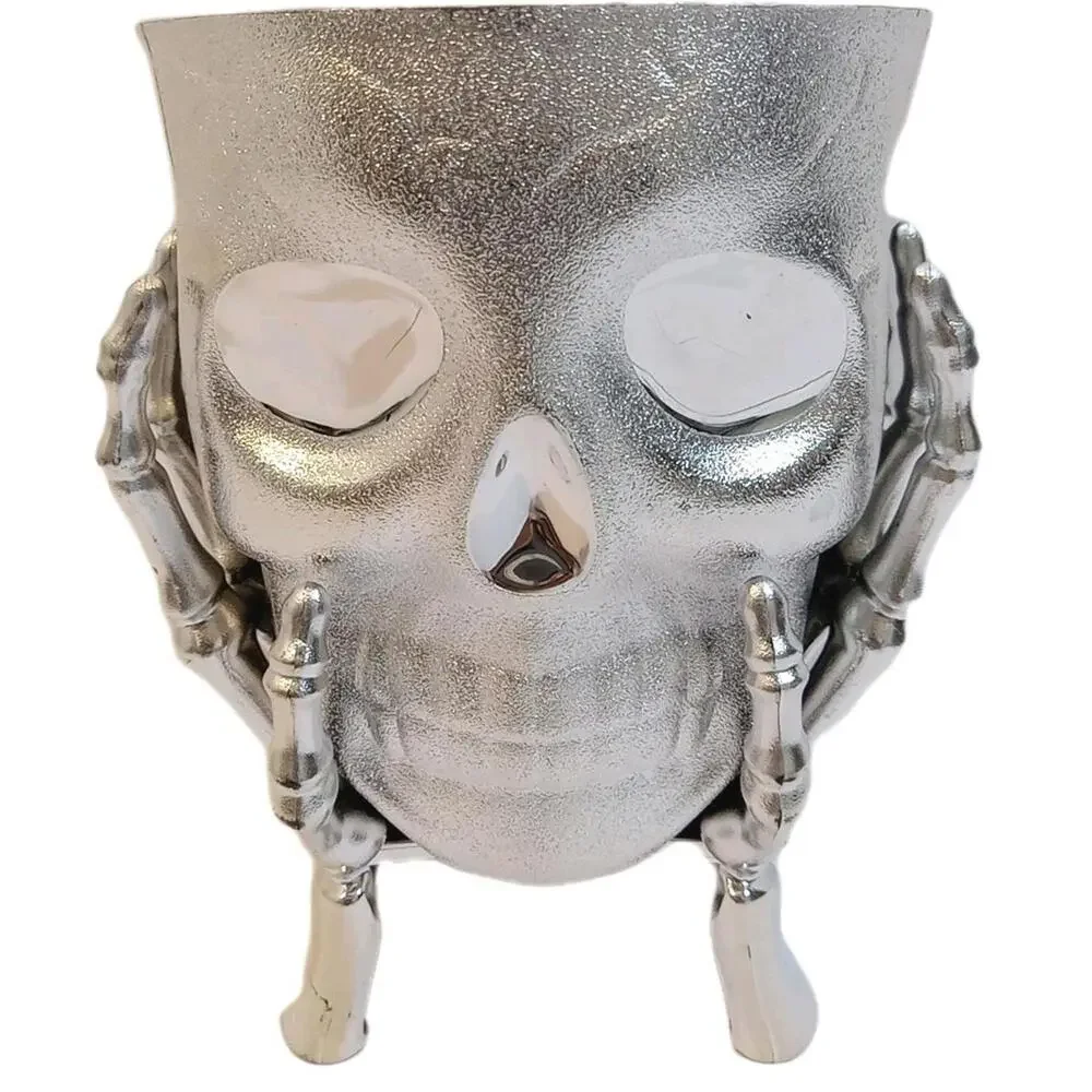 Halloween Skull Candy Table Bowl Silver Metallic Chrome Dish Skeleton Hands